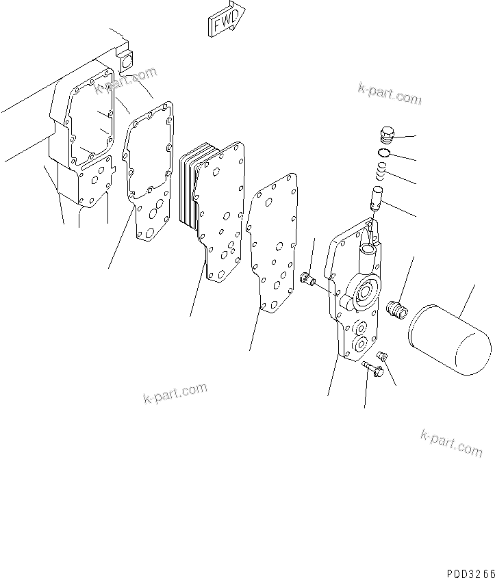 Komatsu parts book diagram for S4D102E-1E-T S/N 26200163-UP: OIL COOLER AND OIL FILTER (FOR 25A ALTERNATOR)