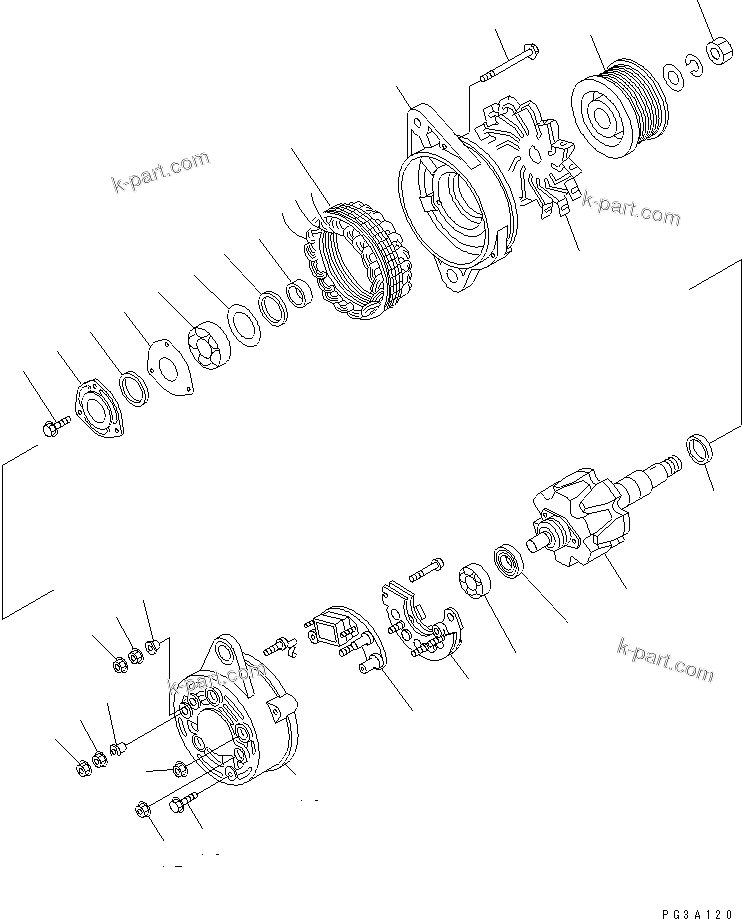 Komatsu parts book diagram for S4D102E-1E-T S/N 26200163-UP: ALTERNATOR (25A) (INNER PARTS)