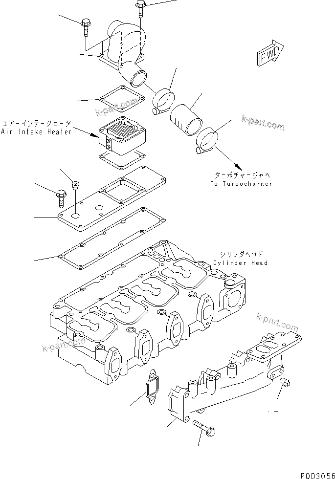 Komatsu parts book diagram for S4D102E-1N S/N 26200163-UP: EXHAUST MANIFOLD AND AIR CONNECTOR(#26217090-)