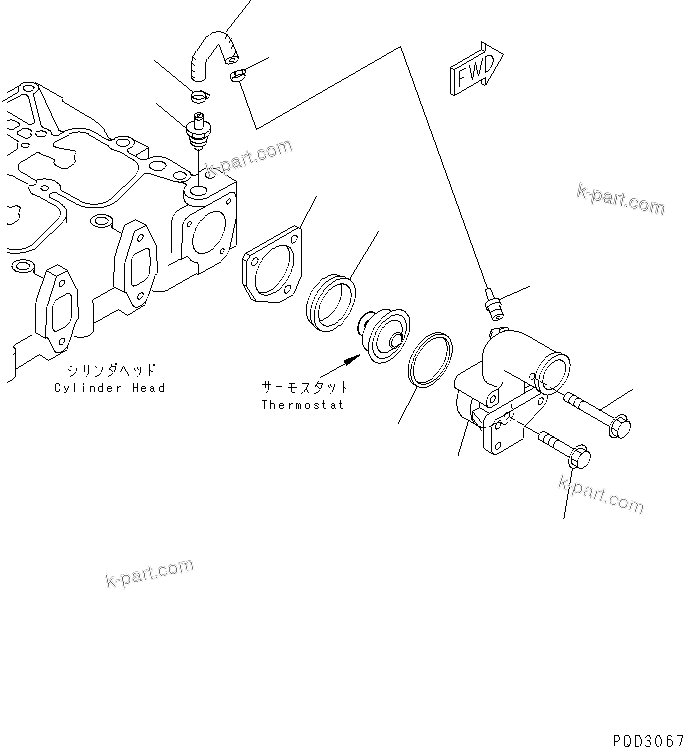 Komatsu parts book diagram for S4D102E-1N S/N 26200163-UP: THERMOSTAT HOUSING(#26200912-)