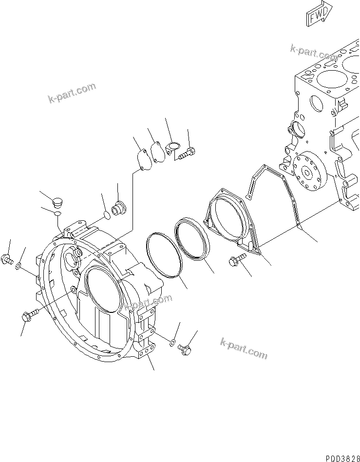 Komatsu parts book diagram for S4D102E-1N S/N 26200163-UP: FLYWHEEL HOUSING(#26223999-26238938)