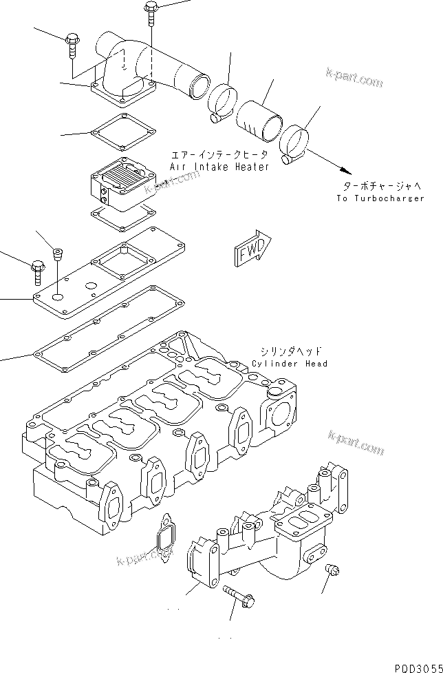 Komatsu parts book diagram for S4D102E-1E-23 S/N 26200163-UP: EXHAUST MANIFOLD AND AIR CONNECTOR(#26202978-)