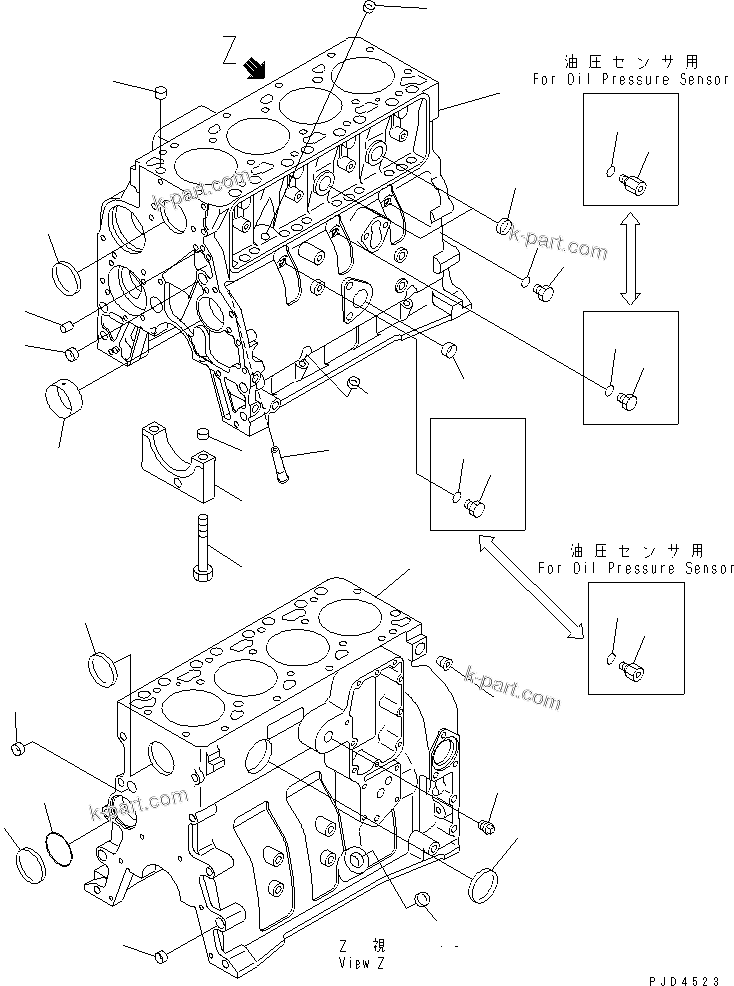 Komatsu parts book diagram for S4D102E-1E-23 S/N 26200163-UP: CYLINDER BLOCK(#26227236-)