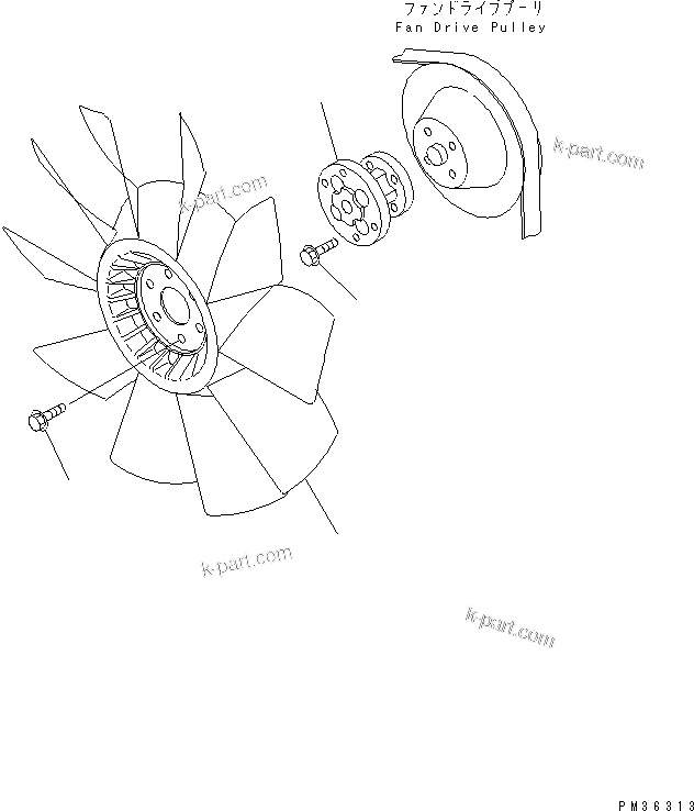 Komatsu parts book diagram for S4D102E-1E-23 S/N 26200163-UP: COOLING FAN