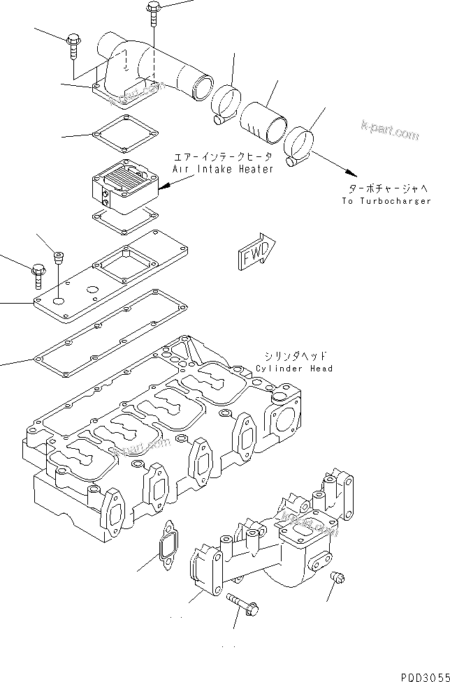 Komatsu parts book diagram for S4D102E-1F-2U S/N 26200163-UP: EXHAUST MANIFOLD AND AIR CONNECTOR(#26202978-)