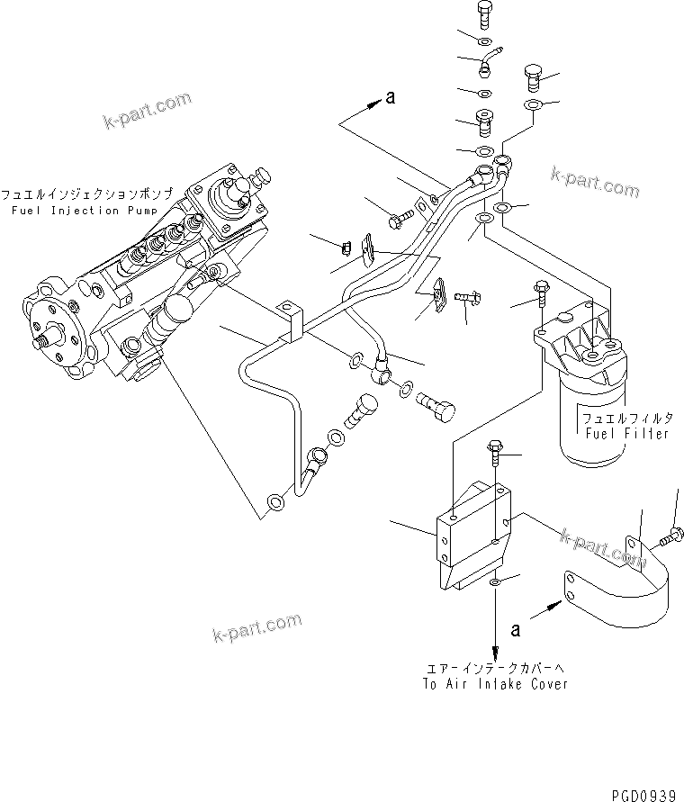 Komatsu parts book diagram for S4D102E-1F-2U S/N 26200163-UP: FUEL FILTER MOUNTING AND PIPING(#26200415-)