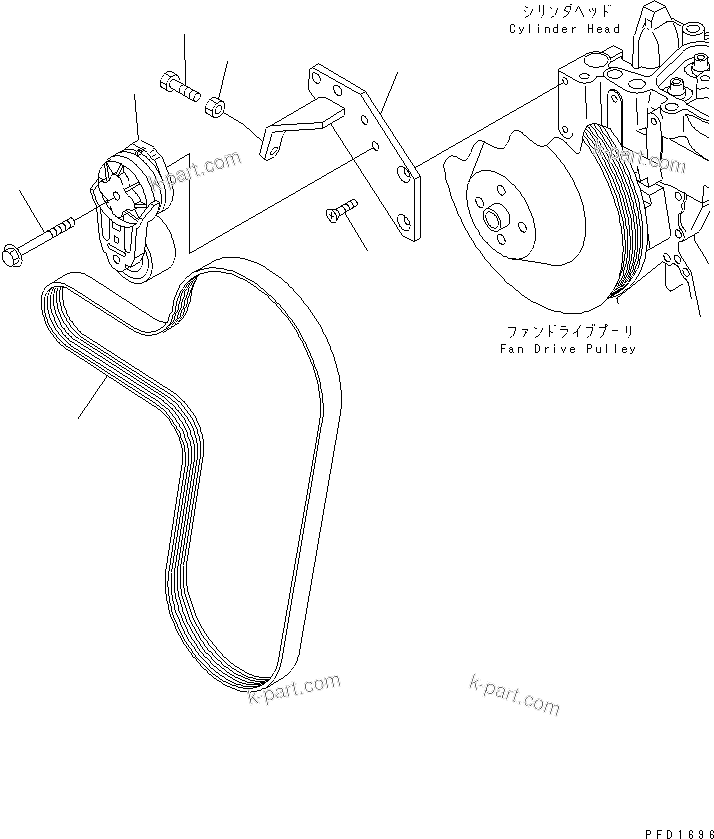 Komatsu parts book diagram for S4D102E-1K-2 S/N 26200163-UP: BELT TENSIONER (FOR 25A ALTERNATOR AND REVERSIBLE FAN) (FAN PULLEY DIA.189MM)(#26203202-)