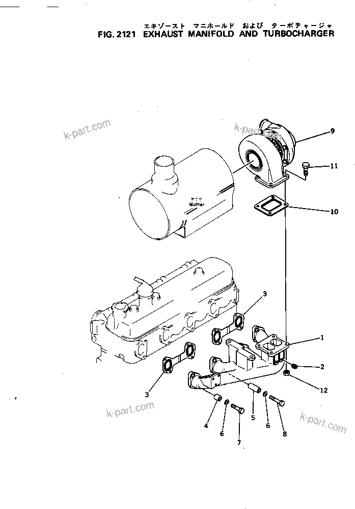 Komatsu parts book diagram for S4D105-5B S/N 100028-UP: EXHAUST MANIFOLD AND TURBOCHARGER