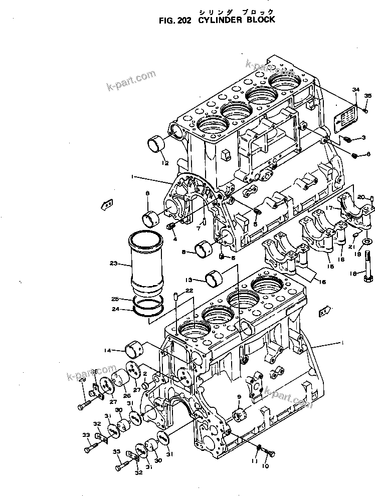 Komatsu parts book diagram for S4D105-1B S/N 18273-UP: CYLINDER BLOCK