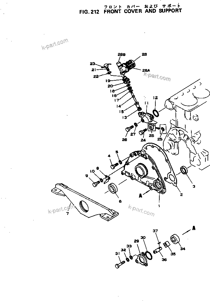 Komatsu parts book diagram for S4D105-1B S/N 18273-UP: FRONT COVER AND SUPPORT