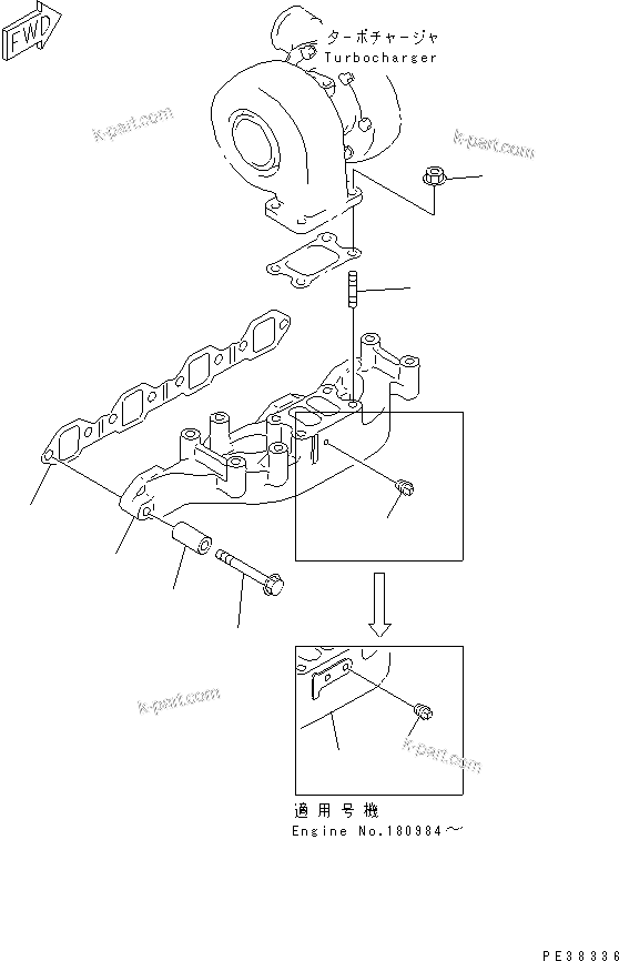 Komatsu parts book diagram for S4D95L-1L S/N 135080-UP: EXHAUST MANIFOLD