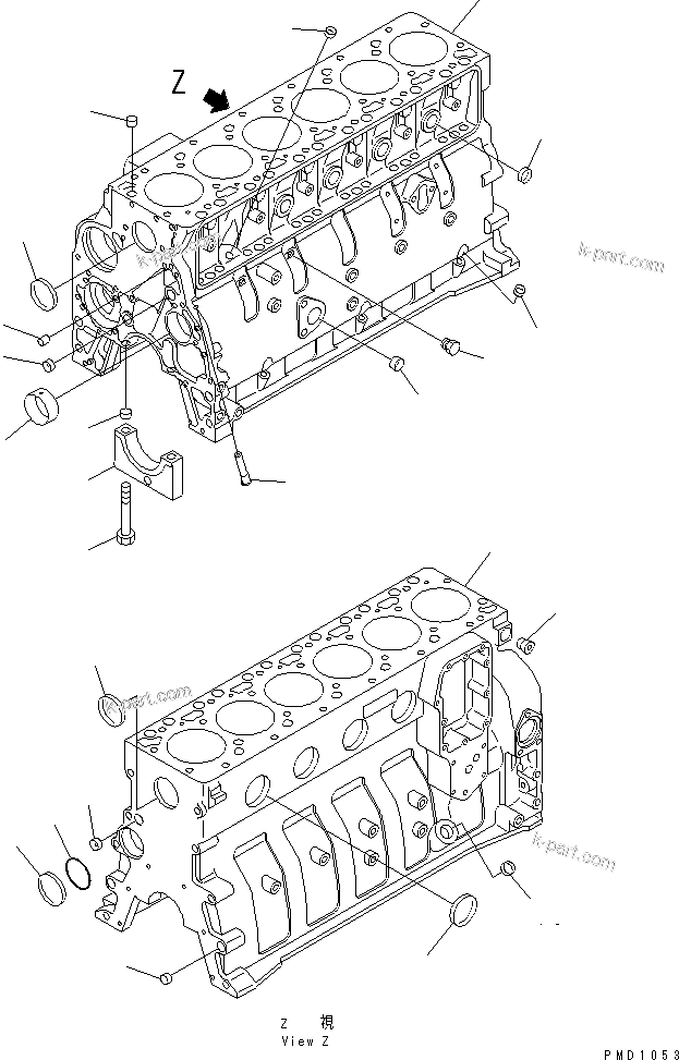 Komatsu parts book diagram for S6D102E-1E S/N 26200929-UP: CYLINDER BLOCK(#26200929-26222207)