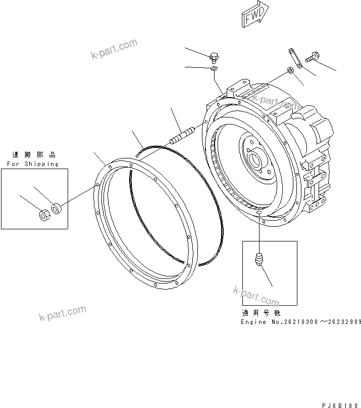 Komatsu parts book diagram for S6D102E-1E S/N 26200929-UP: FLYWHEEL HOUSING PLUG AND SPACER(#26210300-)