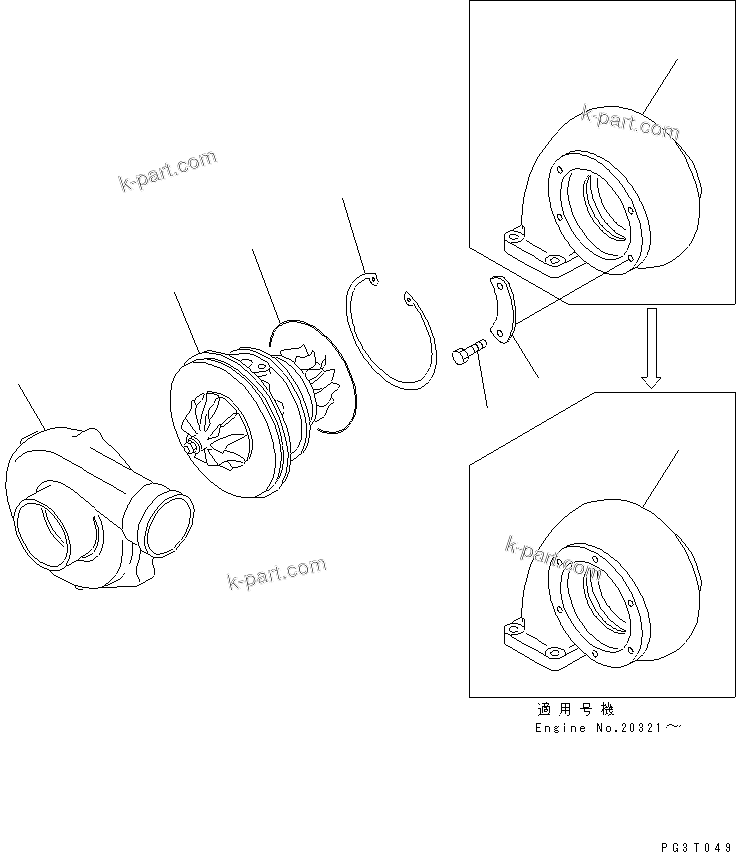 Komatsu parts book diagram for S6D108-1G-6 S/N 10001-UP: TURBOCHARGER (INNER PARTS)(#15614-)
