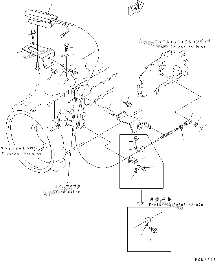 Komatsu parts book diagram for S6D108-1G-6 S/N 10001-UP: STOP MOTOR(#15614-24070)