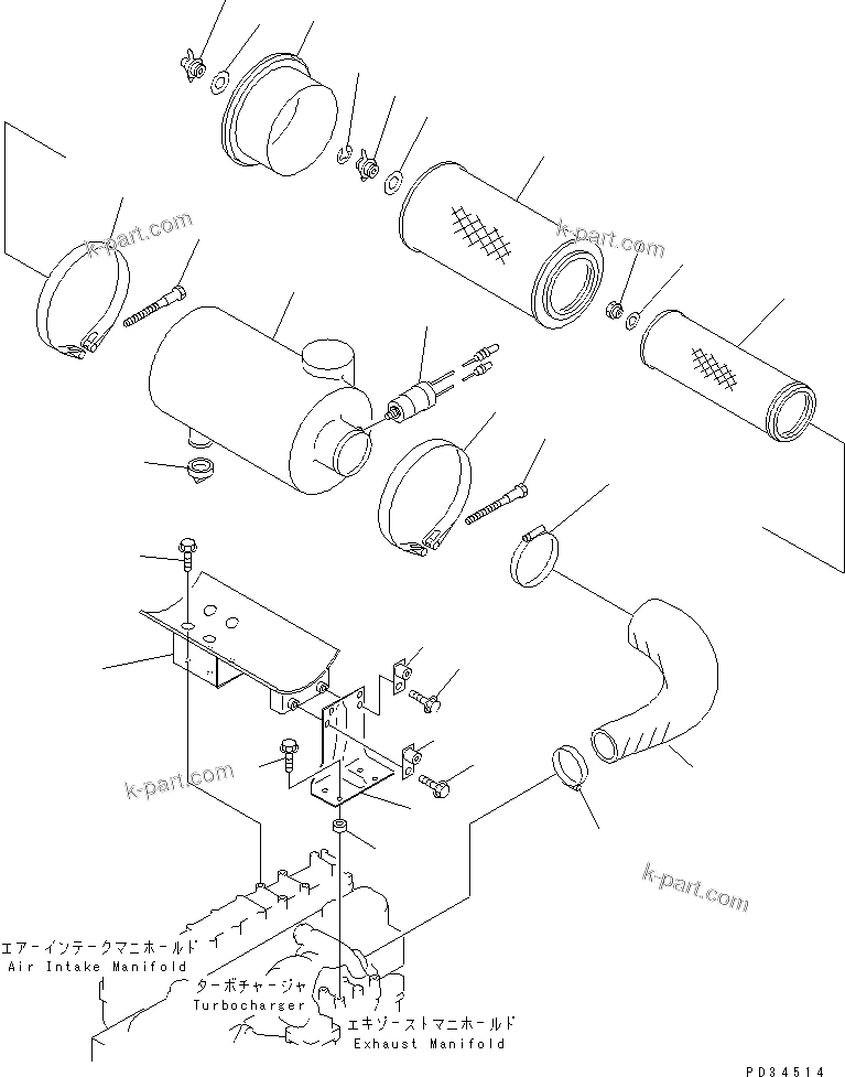 Komatsu parts book diagram for S6D108E-2A-N6 S/N 19030-UP: AIR CLEANER (WITH INTAKE EXTENSION PIPE)(#21560-27179)