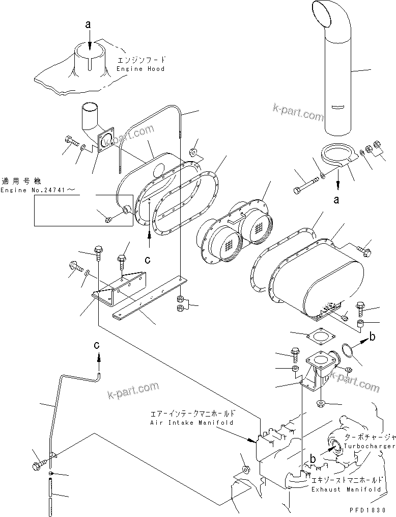 Komatsu parts book diagram for S6D108E-2A-N6 S/N 19030-UP: MUFFLER (CERAMIC TYPE) (FOR MECHANICAL GOVERNOR)(#21560-27866)