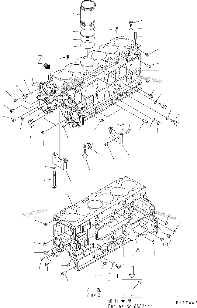 Komatsu parts book diagram for S6D125E-2H S/N 60863-UP: CYLINDER BLOCK(#76694-)