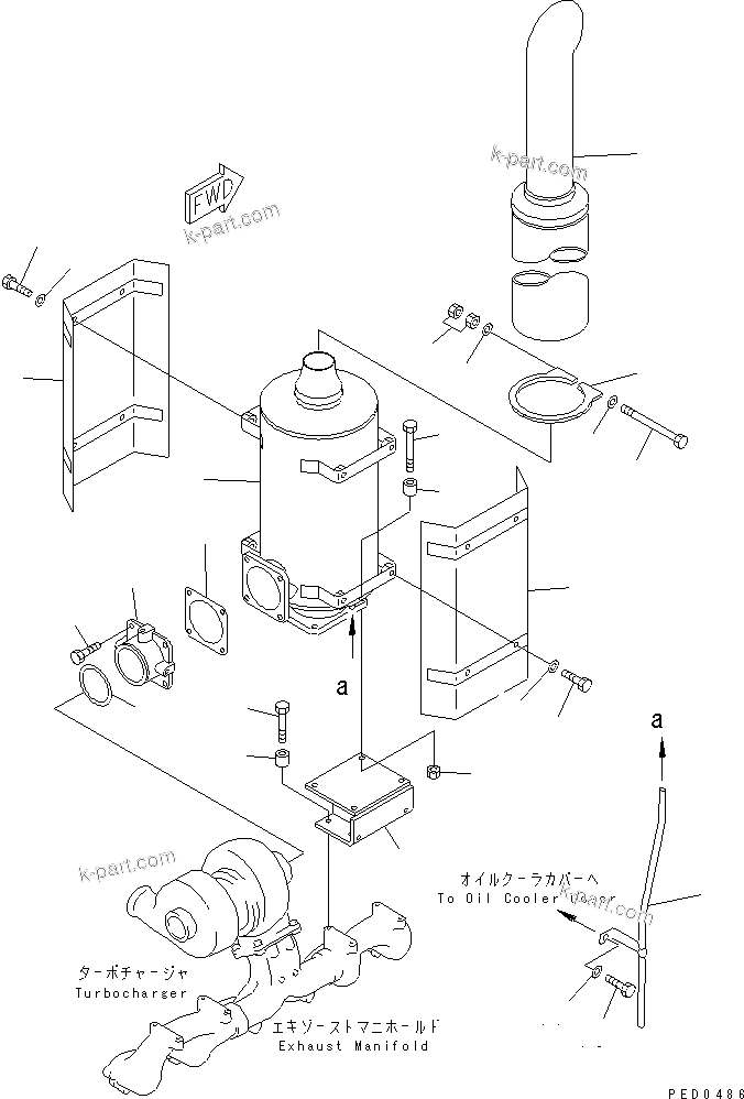 Komatsu parts book diagram for S6D125E-2J-6 S/N 60721-UP: MUFFLER (SILVER EXHAUST PIPE ? 1130MM) (WITH COVER)(#64848-73023)