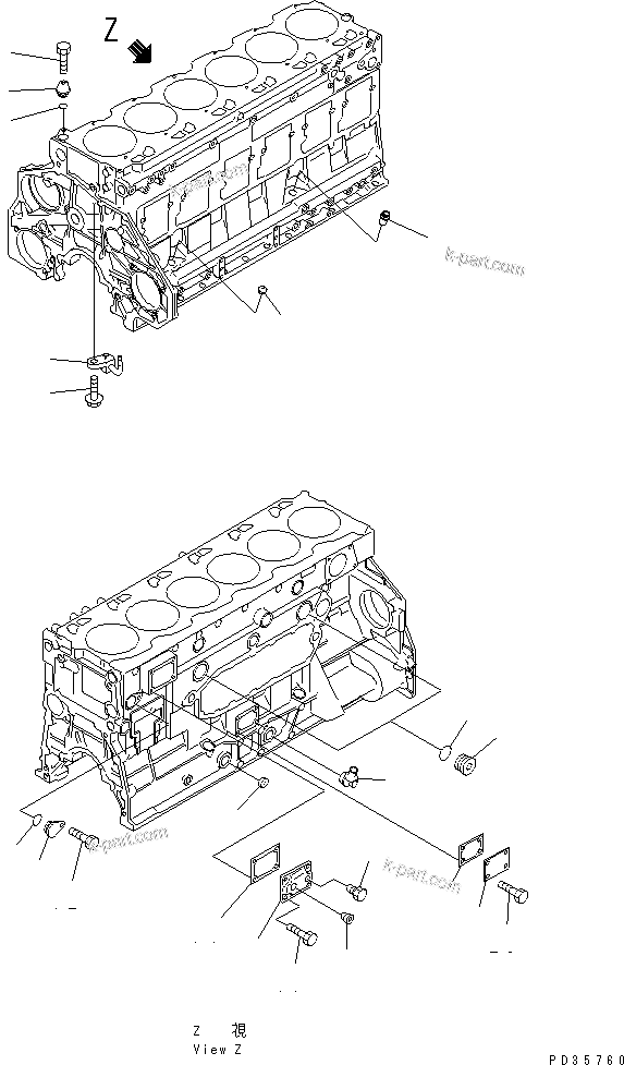 Komatsu parts book diagram for S6D125E-2J-6 S/N 60721-UP: CYLINDER BLOCK (2/2)(#61659-76693)