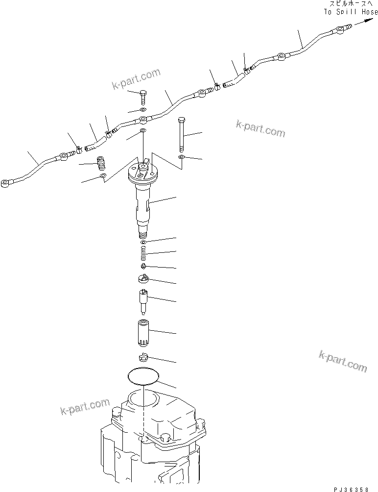 Komatsu parts book diagram for S6D125-1VV-FA S/N 10001-UP: FUEL NOZZLE AND SPILL PIPE(#35323-)