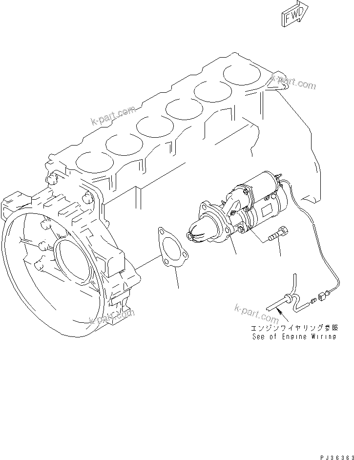 Komatsu parts book diagram for S6D125-1VV-FA S/N 10001-UP: STARTING MOTOR MOUNTING(#35323-)