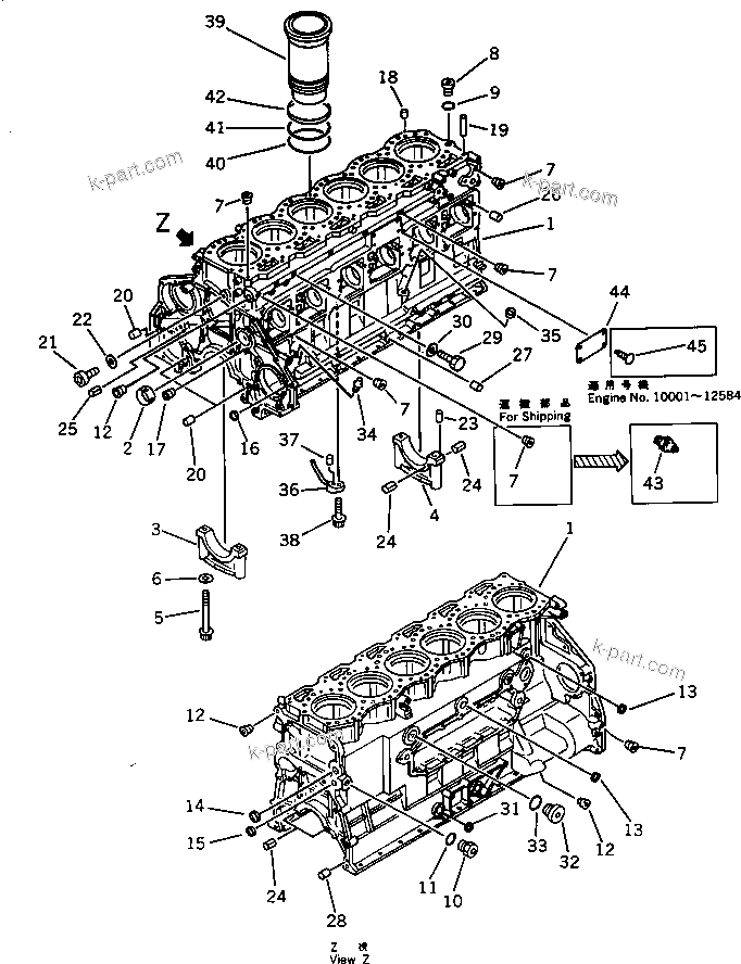 Komatsu parts book diagram for S6D125-1E S/N 10001-UP: CYLINDER BLOCK