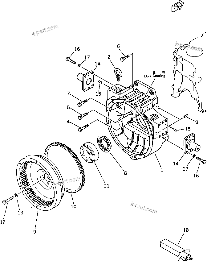 Komatsu parts book diagram for S6D125-1E S/N 10001-UP: FLYWHEEL AND FLYWHEEL HOUSING (NOISE SUPPRESSION SPEC. FOR EC)(#33163-)