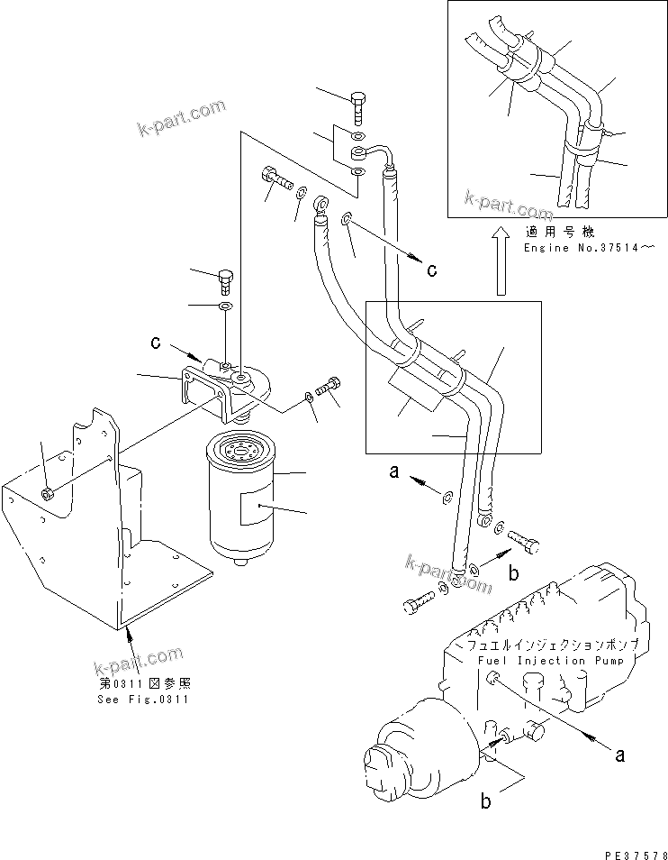 Komatsu parts book diagram for S6D125-1E S/N 10001-UP: FUEL FILTER AND PIPING