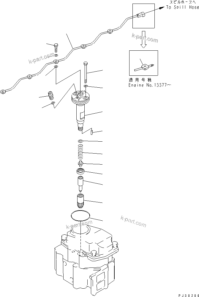 Komatsu parts book diagram for S6D125-1E S/N 10001-UP: FUEL NOZZLE AND SPILL PIPE(#10001-23192)
