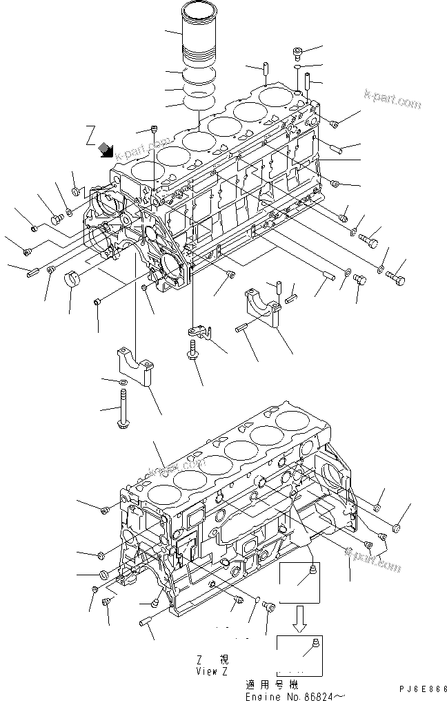Komatsu parts book diagram for S6D125E-2L S/N 60863-UP: CYLINDER BLOCK(#76694-)
