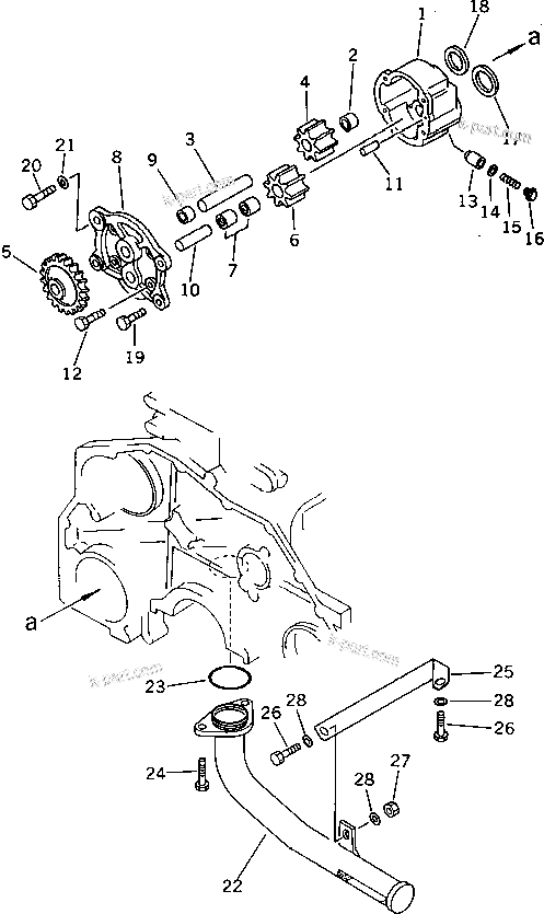 Komatsu parts book diagram for S6D125-1KK S/N 26750-UP: LUBRICATING OIL PUMP AND SUCTION PIPE