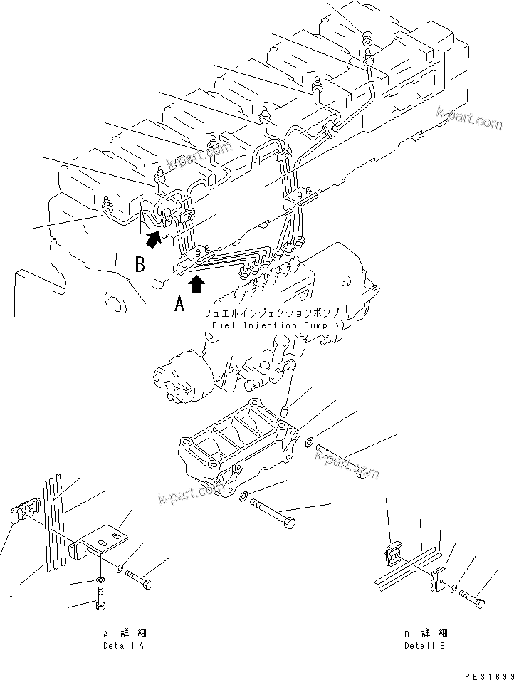 Komatsu parts book diagram for S6D140-1Z S/N 17626-UP: INJECTION BRACKET AND PIPING