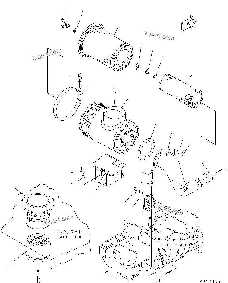 Komatsu parts book diagram for S6D140-1A S/N 10001-UP: AIR CLEANER AND MOUNTING (WITH INTAKE EXTENSION)