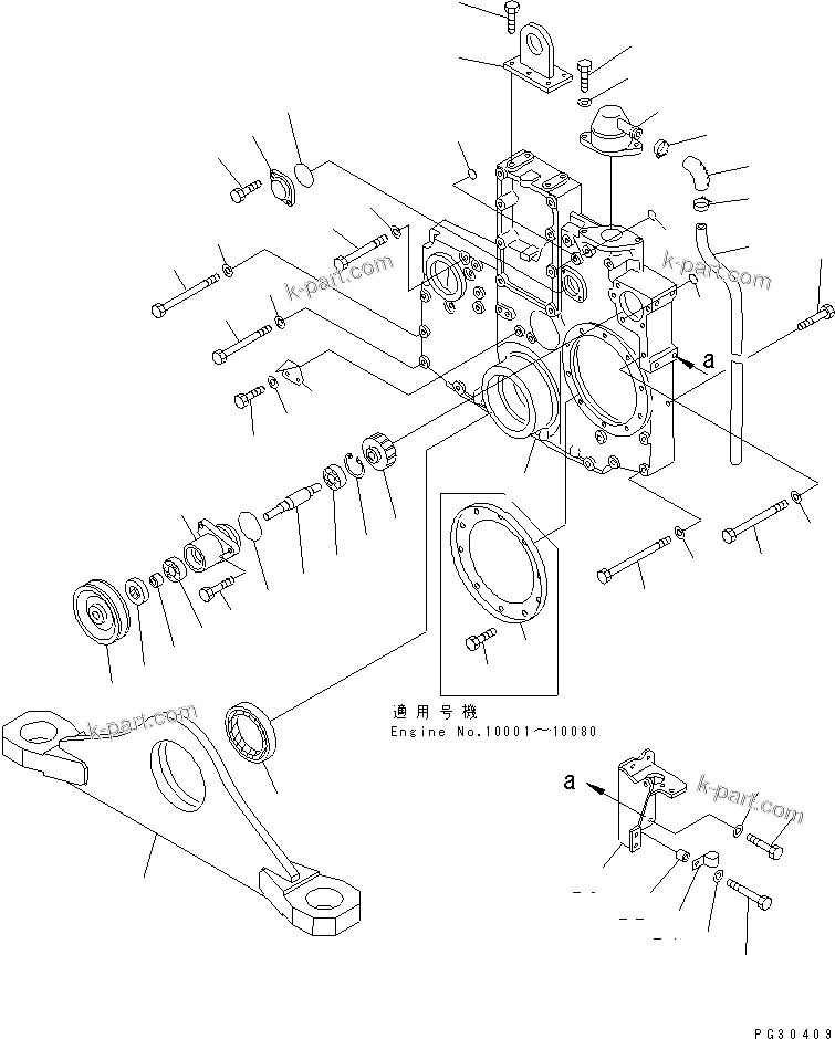 Komatsu parts book diagram for S6D140-1A S/N 10001-UP: FRONT COVER AND FRONT SUPPORT (WITH P.T.O.)(#10001-12866)