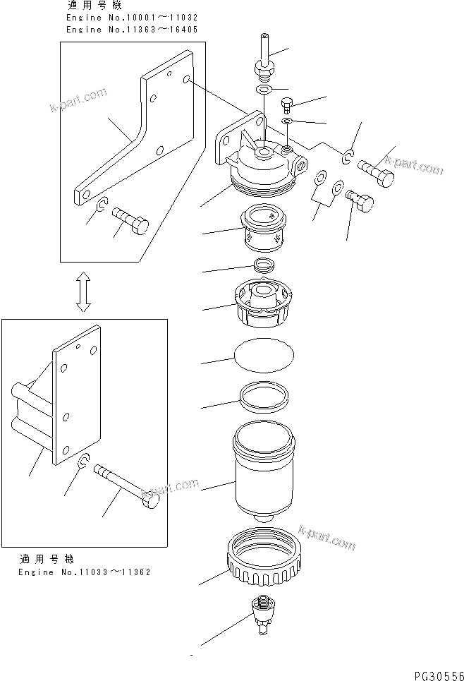 Komatsu parts book diagram for S6D140-1A S/N 10001-UP: WATER SEPARATOR  AND MOUNTING(#10001-16405)