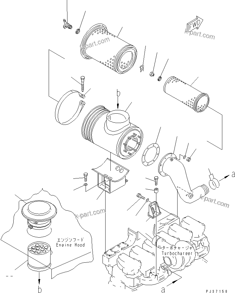 Komatsu parts book diagram for S6D140-1A S/N 10001-UP: AIR CLEANER AND MOUNTING (WITH INTAKE EXTENSION)