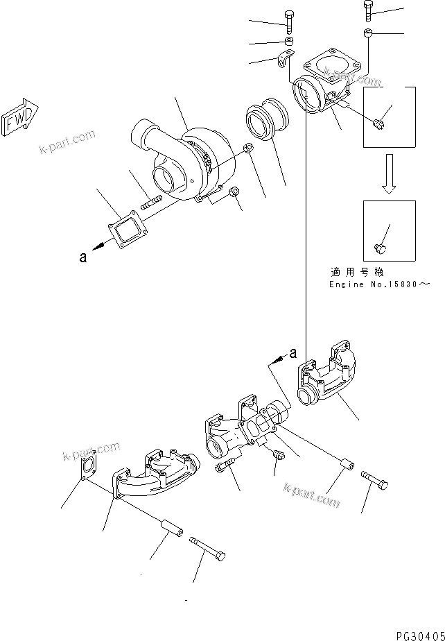 Komatsu parts book diagram for S6D140-1A S/N 10001-UP: EXHAUST MANIFOLD AND TURBOCHARGER