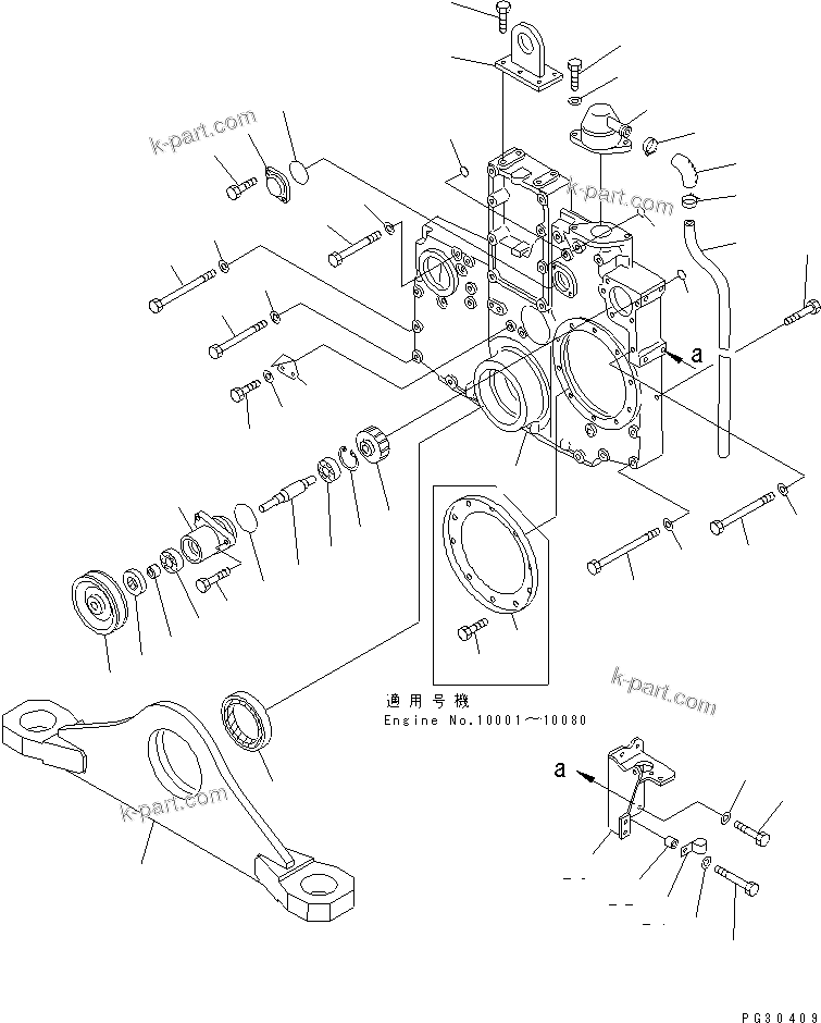 Komatsu parts book diagram for S6D140-1A S/N 10001-UP: FRONT COVER AND FRONT SUPPORT (WITH P.T.O.)(#10001-12866)