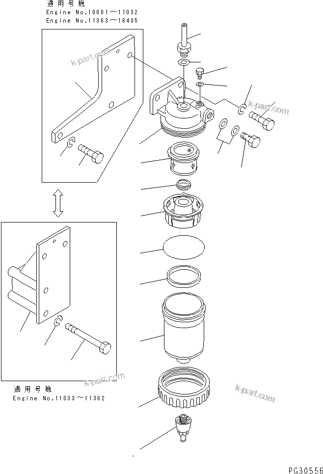 Komatsu parts book diagram for S6D140-1A S/N 10001-UP: WATER SEPARATOR  AND MOUNTING(#10001-16405)