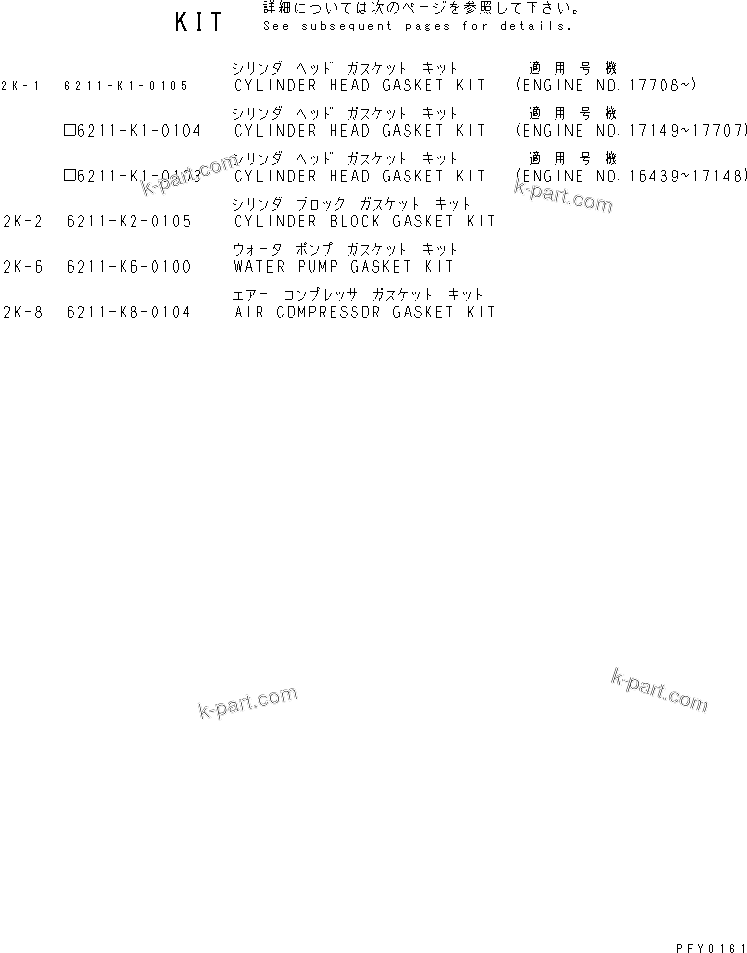 Komatsu parts book diagram for S6D140-1R S/N 10001-UP: GASKET KIT