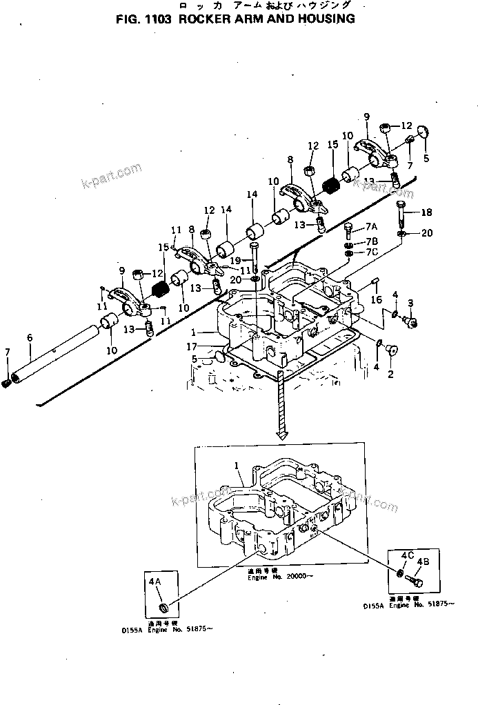 Komatsu parts book diagram for S6D155-4C S/N 10011-UP: ROCKER ARM AND HOUSING
