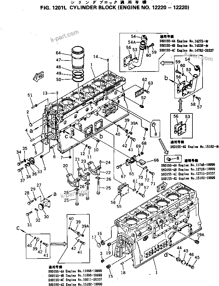 Komatsu parts book diagram for S6D155-4C S/N 10011-UP: CYLINDER BLOCK(#12220-12220)