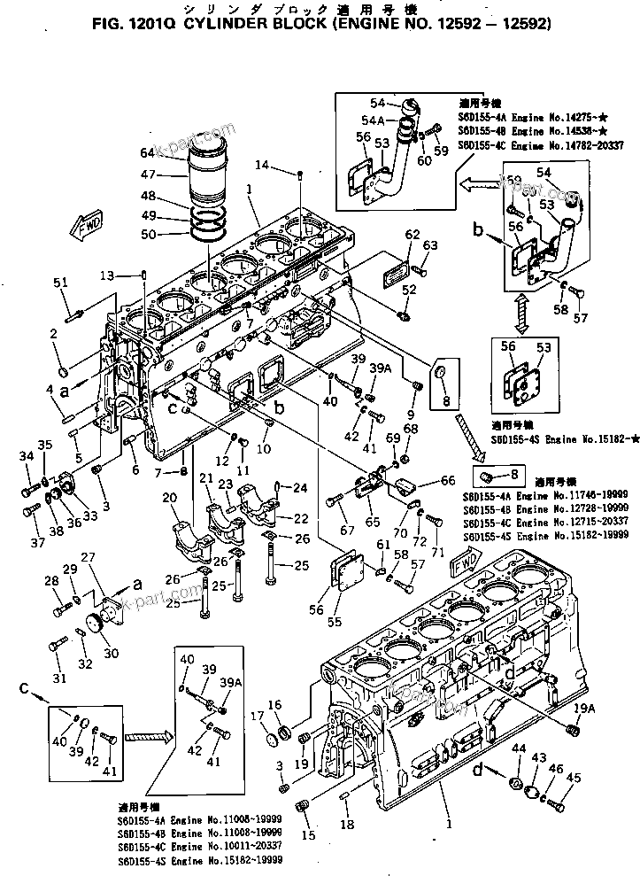 Komatsu parts book diagram for S6D155-4C S/N 10011-UP: CYLINDER BLOCK(#12592-12592)