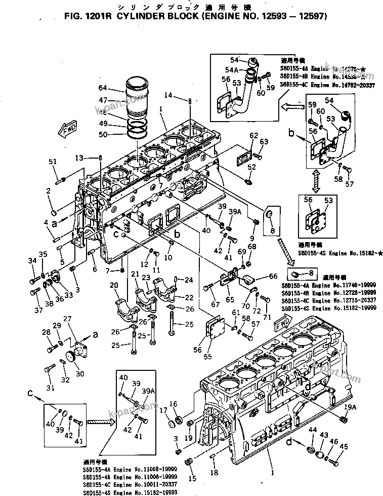 Komatsu parts book diagram for S6D155-4C S/N 10011-UP: CYLINDER BLOCK(#12593-12597)
