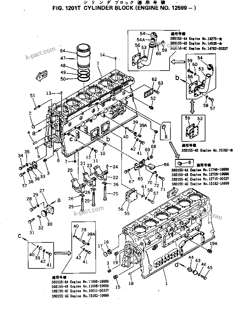 Komatsu parts book diagram for S6D155-4C S/N 10011-UP: CYLINDER BLOCK(#12599-)