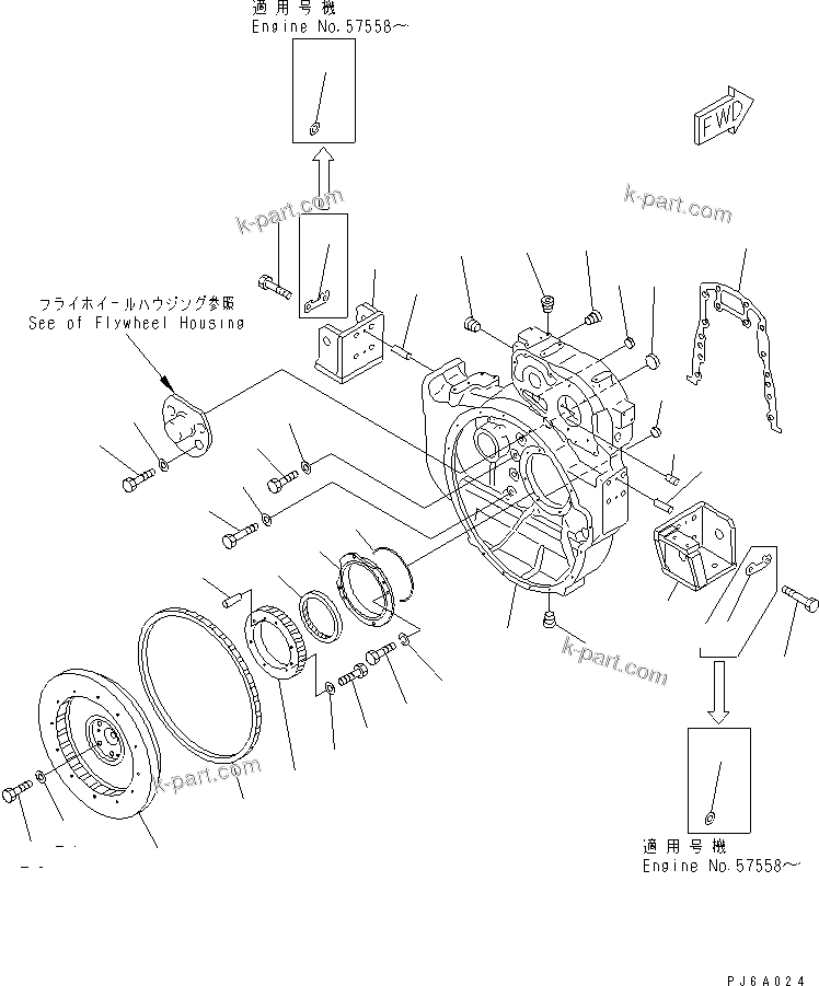 Komatsu parts book diagram for S6D155-4AA S/N 25887-UP: FLYWHEEL AND FLYWHEEL HOUSING(#36496-)