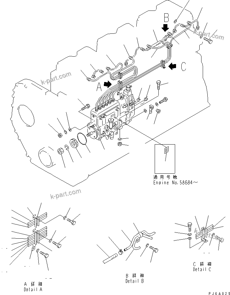 Komatsu parts book diagram for S6D155-4AA S/N 25887-UP: FUEL INJECTION PUMP AND PIPING (1/2)