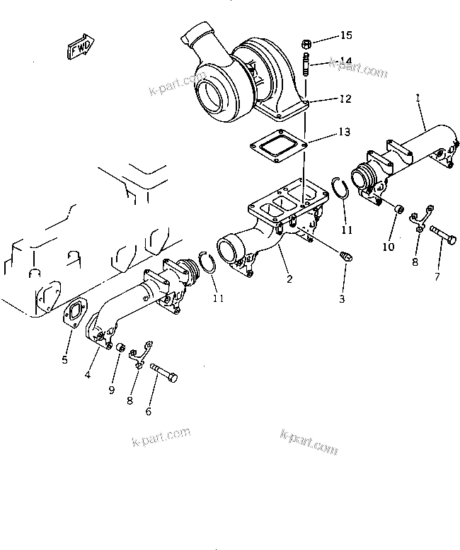 Komatsu parts book diagram for S6D155-4S S/N 52707-UP: EXHAUST MANIFOLD AND TURBOCHARGER