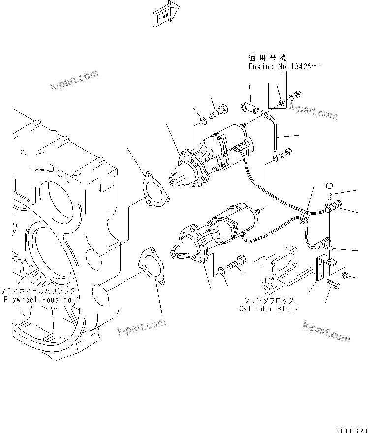 Komatsu parts book diagram for S6D170-1D S/N 10490-UP: STARTING MOTOR AND MOUNTING (7.5KW)